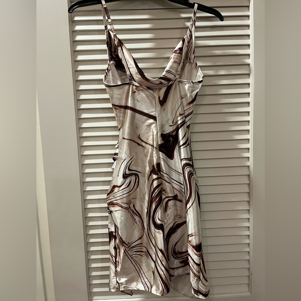 XS/2 Brown/Beige/Cream Polyester Blend Shiny Ruched Asymmetrical Mini Dresss